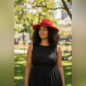 Red and Black Fedora Hat with Wide Brim
